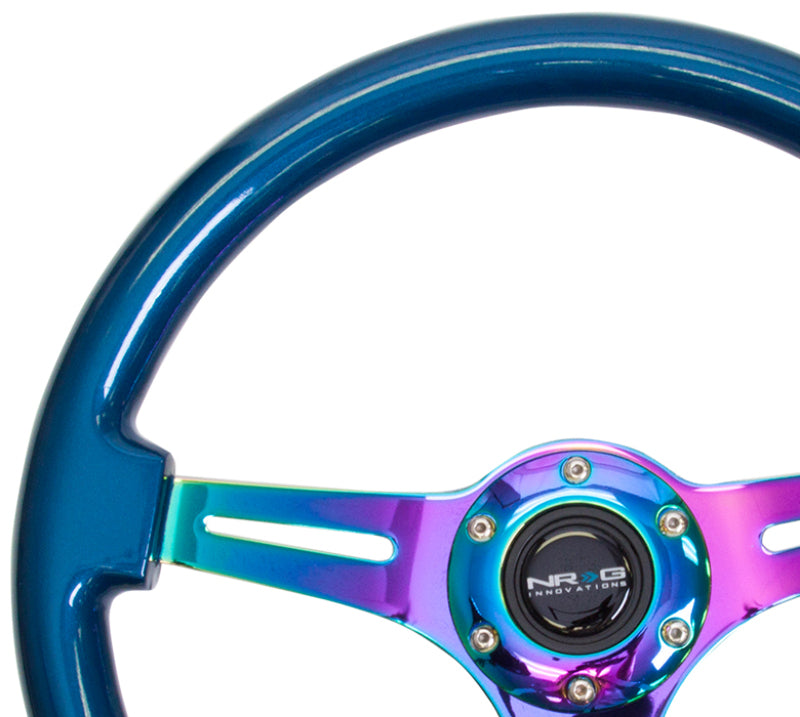 NRG Classic 350mm wood grain steering wheel with blue pearl flake paint and neochrome 3-spoke center, designed for car interior style.