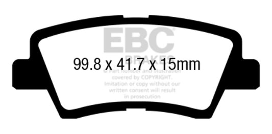 EBC 12+ Hyundai Azera 3.3 Ultimax2 rear brake pads, OE quality, showing the metal backing and friction surface for vehicle braking.