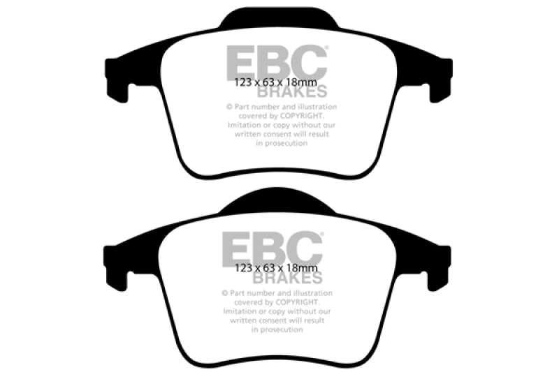 EBC Ultimax2 rear brake pads for Volvo XC90 2.5 Turbo, OE type, showing the brake pad set with branding and metallic backing plate.