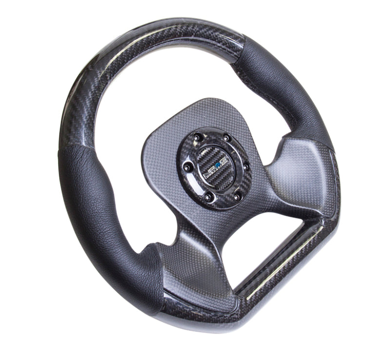 NRG carbon fiber steering wheel with 320mm diameter, CF center plate, two-tone carbon and leather trim handles.