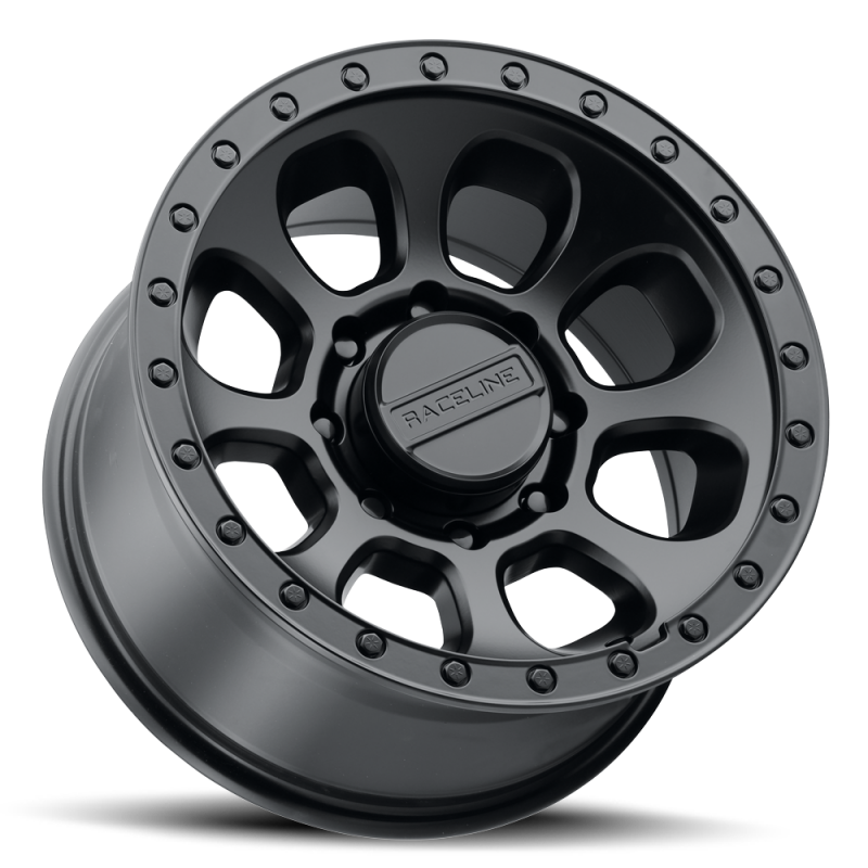 Raceline 961B Bolt forged 17x9 inch satin black wheels with 8x165.1 bolt pattern, -12mm offset, and 130.81mm bore.