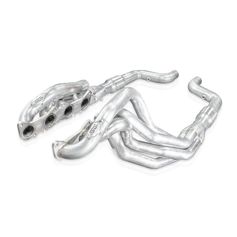 Stainless Works 2020 GT500 headers with 1-7/8 inch primaries and 3-inch high-flow catalytic converters on a car engine.
