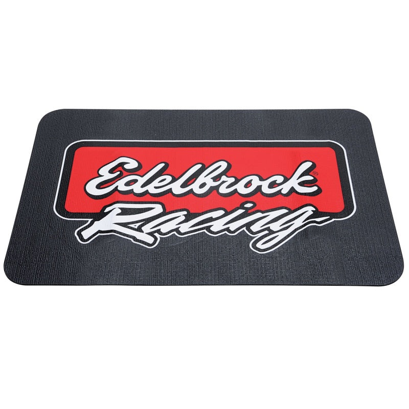 Edelbrock Racing Fender Cover made of PVC foam with printed Edelbrock logo, designed to protect car fenders during maintenance.