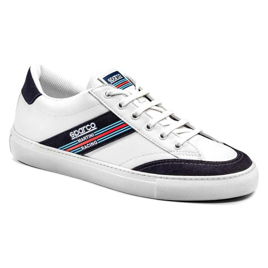 White and navy Sparco S-Time 44 shoes with sporty design, featuring laces and branding details.