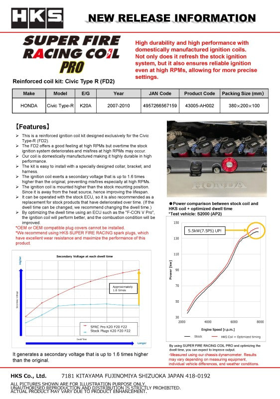 HKS Super Fire Racing Coil for K20A engine, stock replacement ignition coil with high-performance design