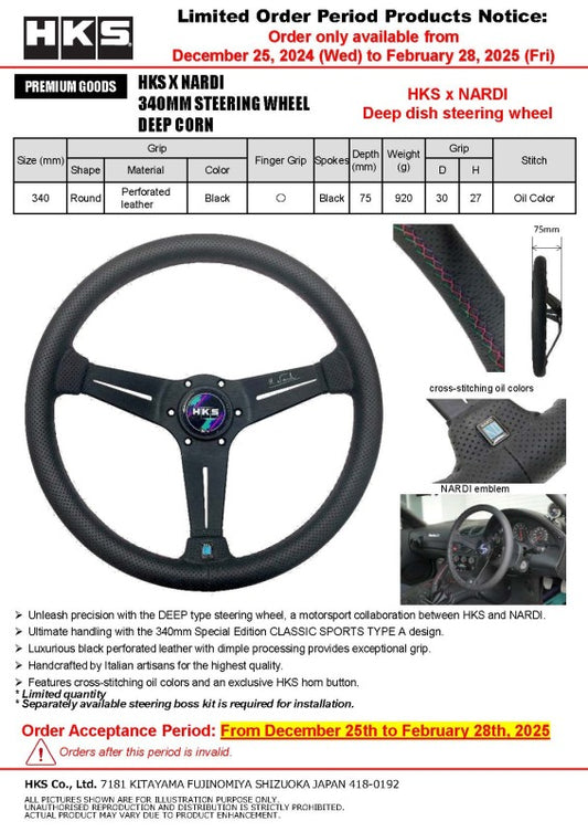 HKS Nardi Sports steering wheel with a 34-inch deep dish design, showcasing a sporty black finish and ergonomic grip.