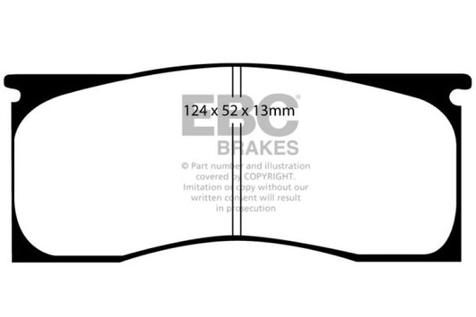 EBC Greenstuff front brake pads for Dodge Dart 65-69 2.8 engine, high-performance brake pads on a vehicle.