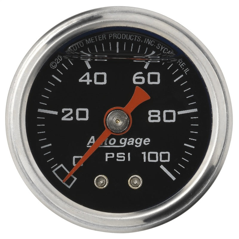 AutoMeter AutoGage 1.5-inch liquid-filled mechanical fuel pressure gauge displaying 0-100 PSI for vehicle monitoring