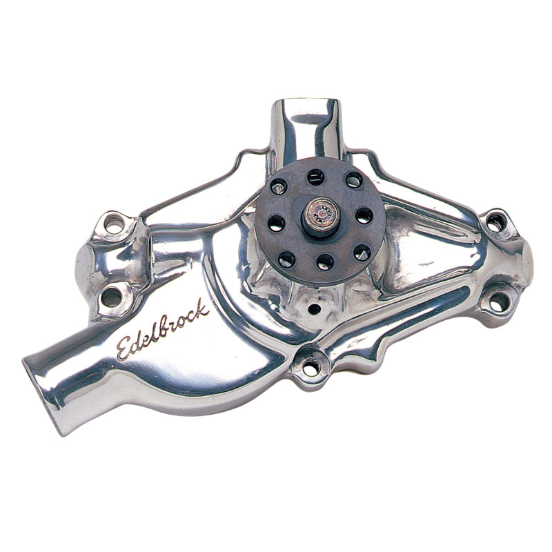 Polished Edelbrock high-performance water pump for Chevrolet 350 CI V8 engine, short style, showcasing the sleek finish.