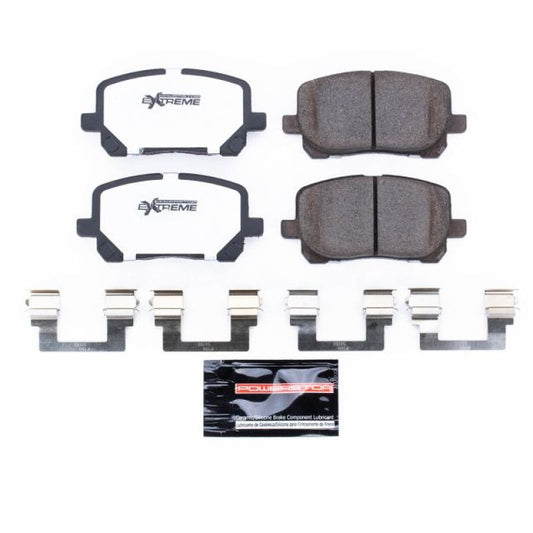 PowerStop Z26 Extreme Street brake pads for front of 2003-2008 Pontiac Vibe, showing new brake pads with hardware installation