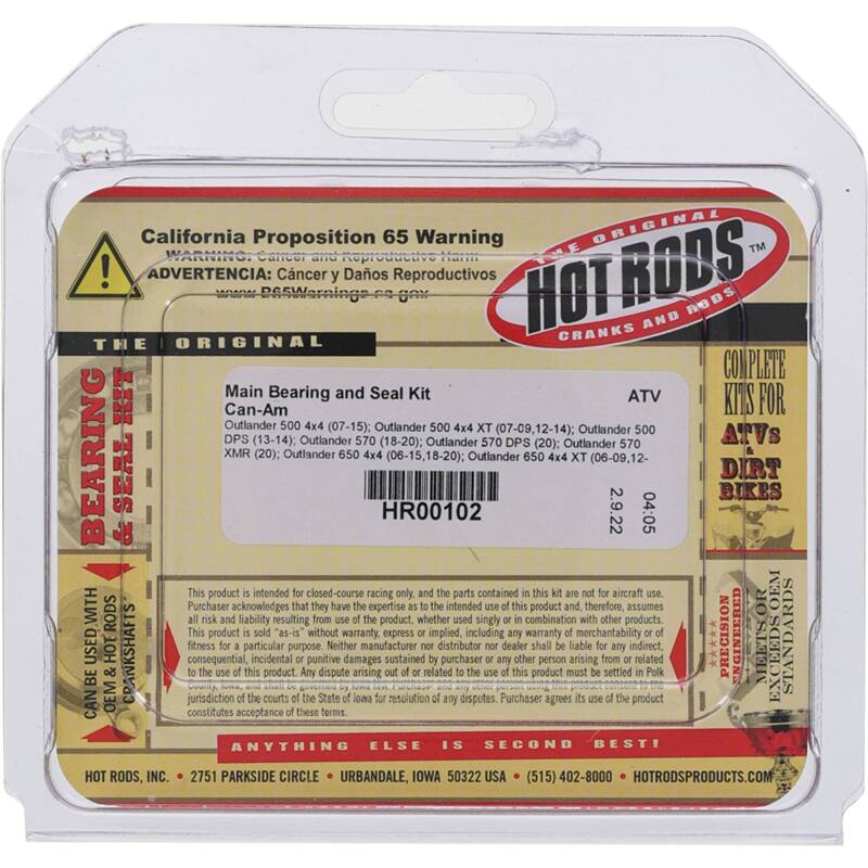 Hot Rods main bearing and seal kit for Can-Am Outlander 800 4x4 800cc engine, includes bearings and seals for engine repair.