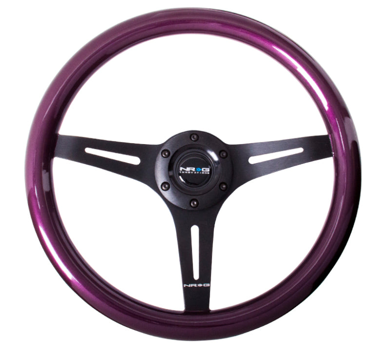 NRG Classic wood grain steering wheel with purple pearl flake paint and black 3-spoke center, 350mm diameter, for car interiors.