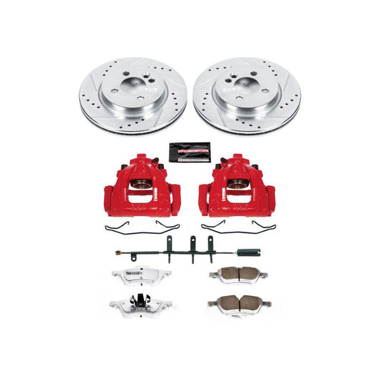 PowerStop Mini Cooper front Z26 Street Warrior performance brake kit with red calipers and drilled rotors.