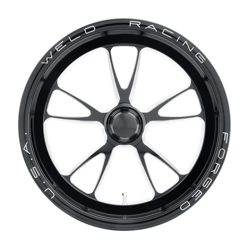 Weld Full Throttle Frontrunner 17x3.5 forged wheel in gloss black milled finish with Anglia Spindle and 0 BS, non-BL style.