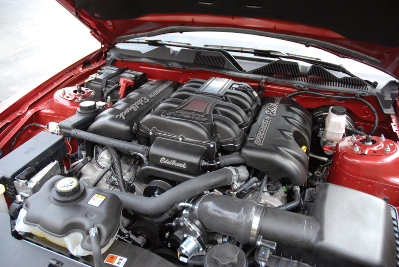 Edelbrock Supercharger Stage 1 Street Kit for 2010 Ford Mustang 4.6L 3V with tuner, showing the supercharger unit and components