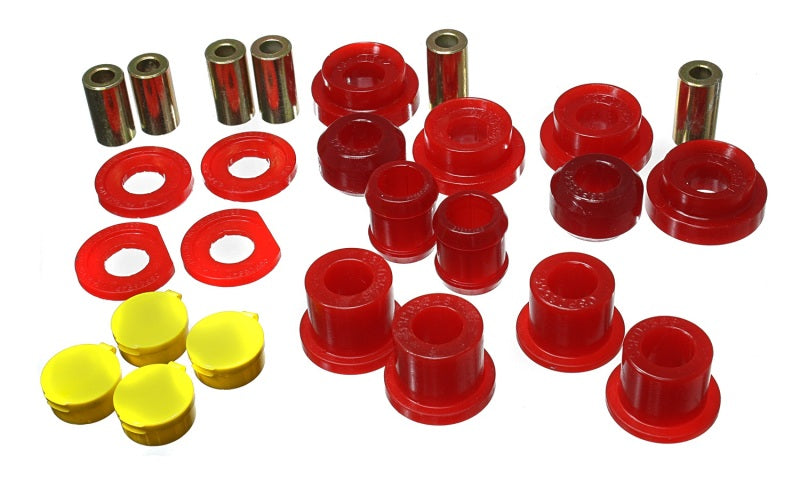 Energy Suspension red bushing set for Honda Civic 2006-2011 rear lower trailing arm and knuckle, replacement suspension components.