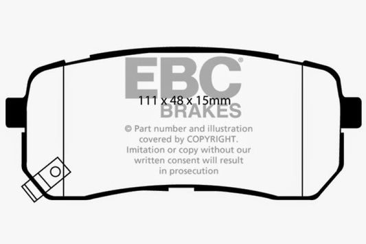 EBC 15+ Kia Sedona 3.3 Ultimax2 rear brake pads, OE type, showing black friction material and metal backing plate.