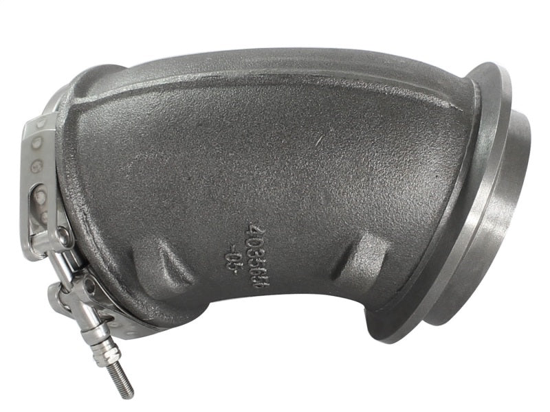 aFe BladeRunner turbocharger turbine elbow replacement for Ford 7.3L TD 99.5-03 turbo upgrade components, with metallic finish and mounting flange