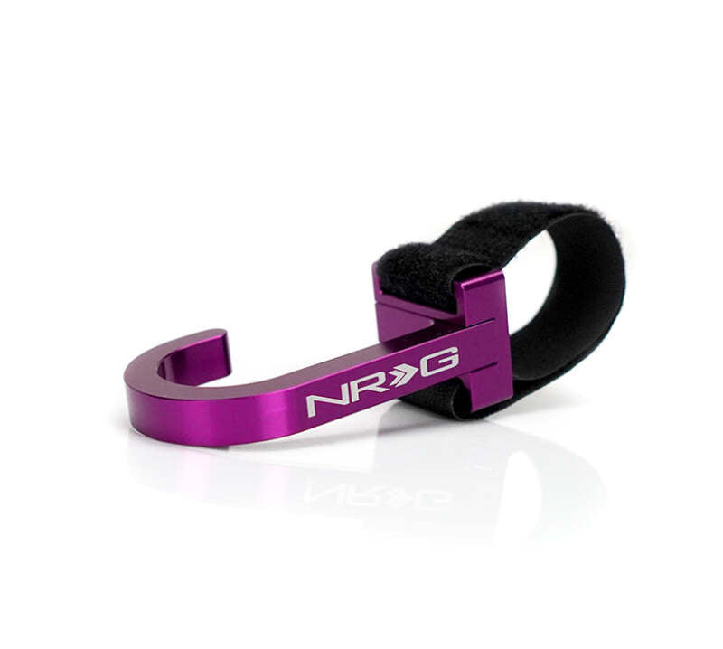 NRG CNC aluminum steering wheel hook with laser logo in purple, designed for easy installation and secure grip.