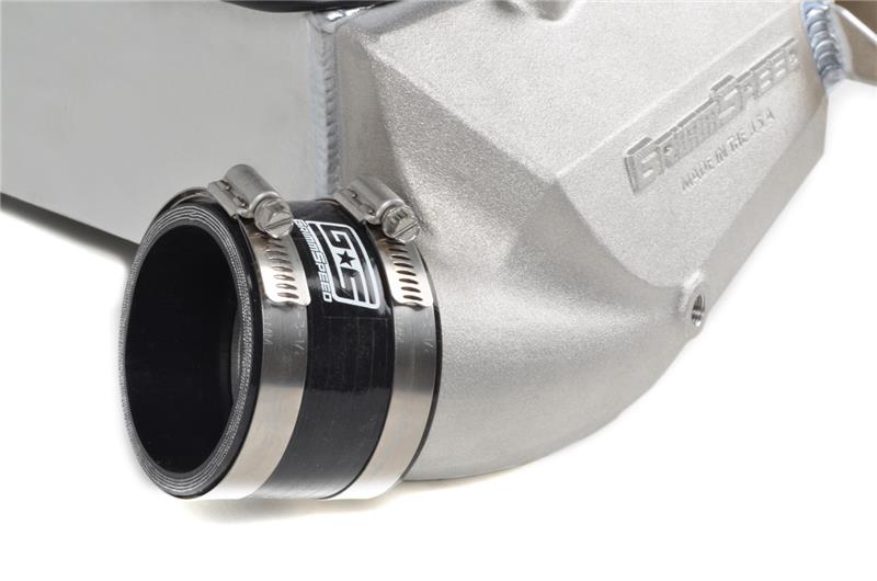 GrimmSpeed 15-21 Subaru WRX top mount intercooler kit installed in engine bay showing sleek aluminum design and fitting details.
