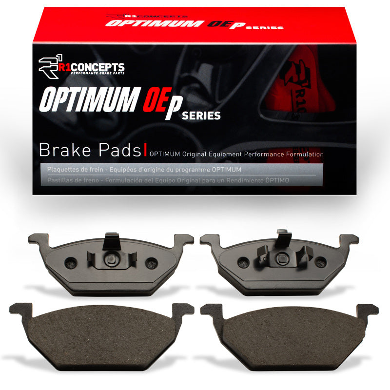 Volkswagen Jetta sedan front R1 Concepts OE brake pads, orange and black brake pad set with mounting hardware