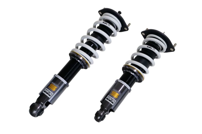 HKS HIPERMAX S coilover suspension kit installed on a NA6CE Mazda Miata, with adjustable shocks and coil springs visible.