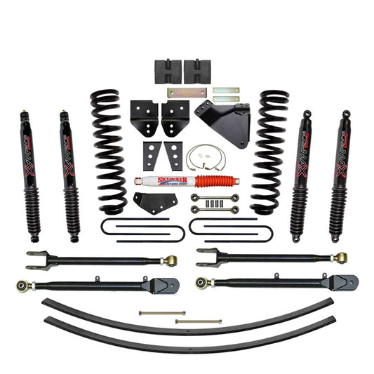 Skyjacker 8.5-inch lift kit for Ford F250 4WD Gas trucks, showing lifted suspension components and installation details.