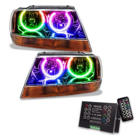 Oracle Lighting Jeep Grand Cherokee 1999-2004 SMD Headlights in black with ColorSHIFT and 2.0 controller, showing headlights installed on vehicle.