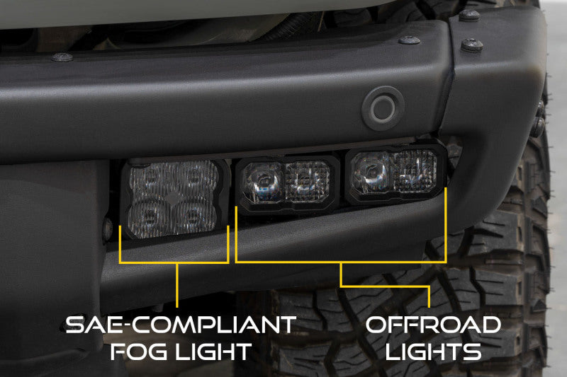 Diode Dynamics 21-Up Ford Bronco yellow sport fog lights in fog pocket kit, showcasing the compact LED fog light design.