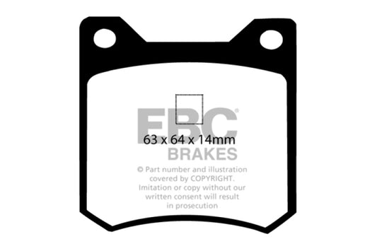 EBC De Tomaso Pantera 5.7 GTS Redstuff performance rear brake pads, showing red friction material and metal backing plates.