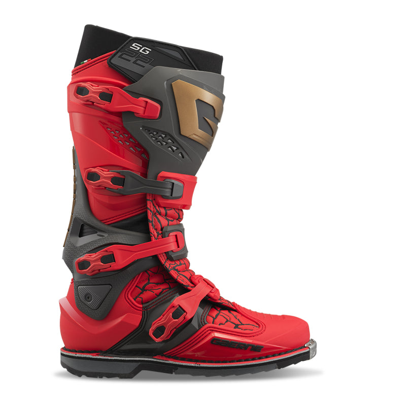 Gaerne SG22 Limited Edition motorcycle boots in deep black and fiery red, size 9.5, with protective design and branding details.