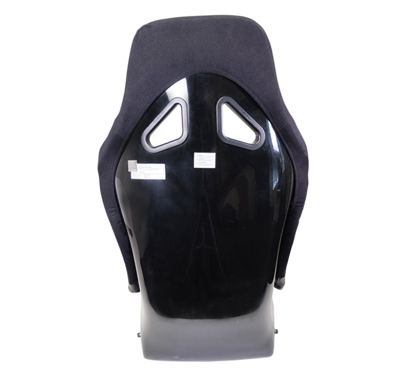 NRG FIA competition race seat with black fabric, FIA homologation, featuring side bolsters and racing harness slots.