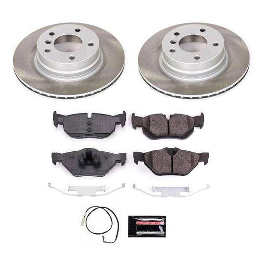 PowerStop rear semi-coated brake rotor kit for BMW 328i (2007-2010) with performance blank brake rotors installed.