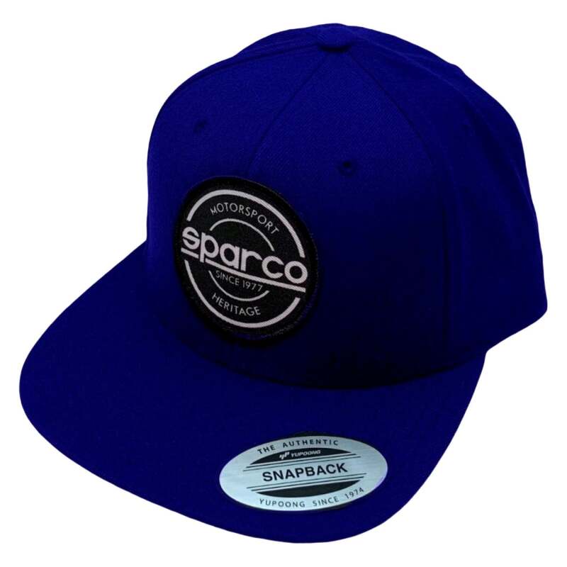 Blue Sparco Cap S-Patch snapback headwear with adjustable strap and embroidered SPARCO logo on the front.