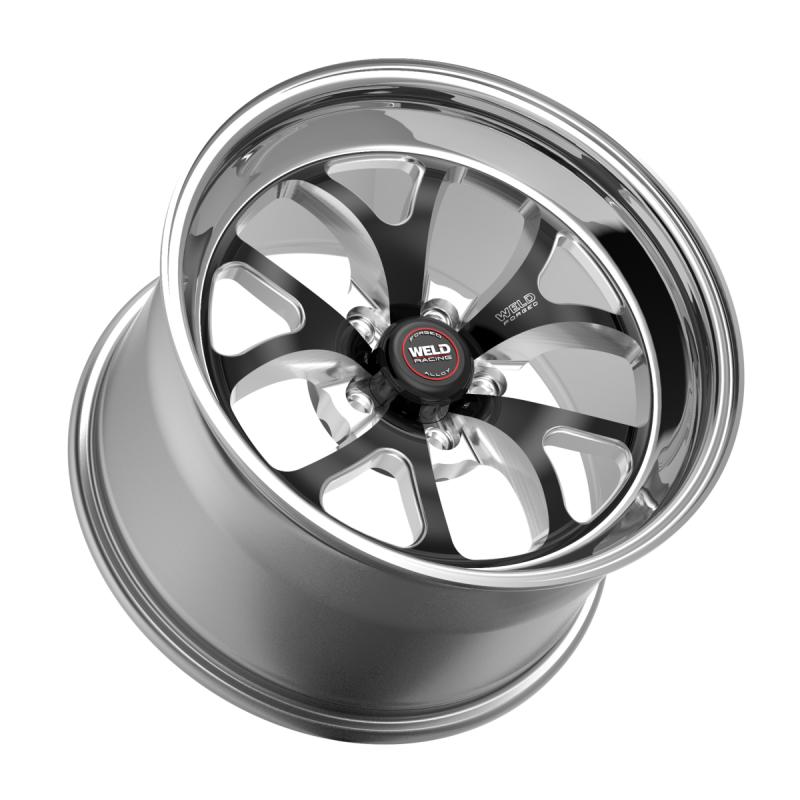 Weld S76 forged 17x10 inch black center wheels with polished shell and 5x112 bolt pattern, showcasing their sleek design.