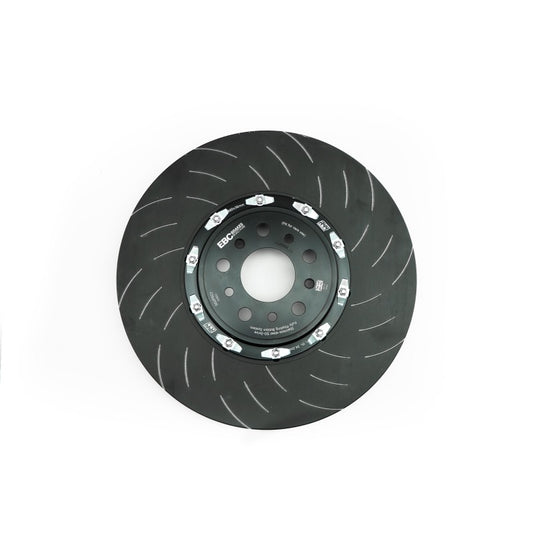 EBC Racing 2021+ BMW M3 M4 G80 G82 G87 2-piece front brake rotors without carbon ceramic brakes, shown in close-up.