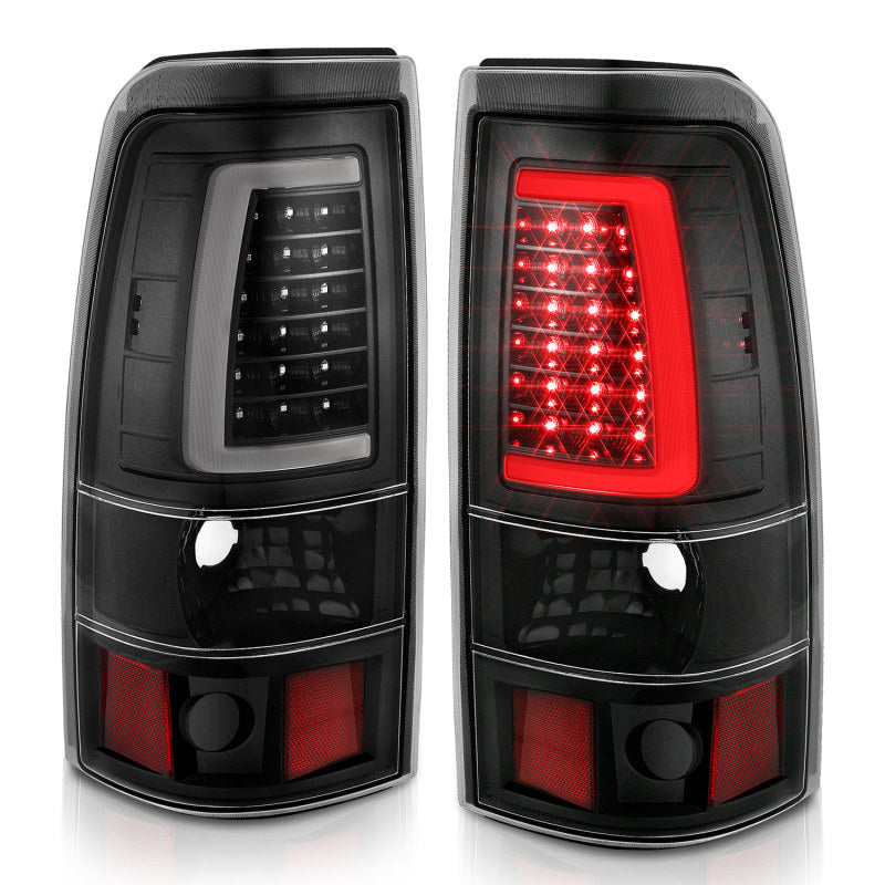 ANZO black LED tail lights for 1999-2002 Chevy Silverado 1500 with clear lens, plank style, automotive lighting replacement