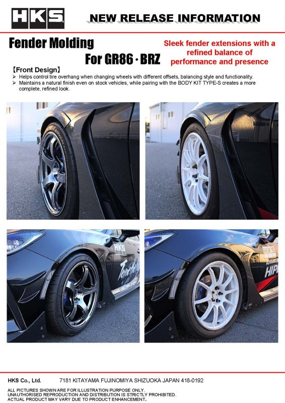 HKS 2022+ Toyota GR86 and Subaru BRZ fender molding kit installed on car body, showcasing sleek automotive body kit design.
