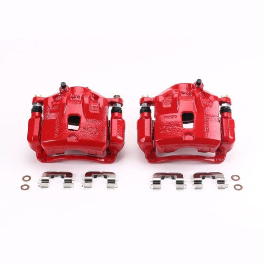 Pair of PowerStop front red brake calipers with brackets for 2013-2016 Hyundai Elantra, performance brake calipers in red.