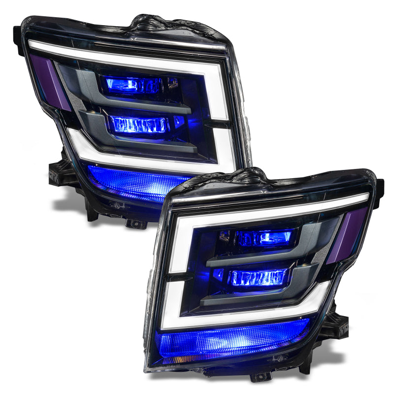 Oracle Lighting RGB Demon Eye headlights upgrade kit for Nissan Titan 21-22 with ColorSHIFT, featuring vibrant, customizable LED headlight accents.
