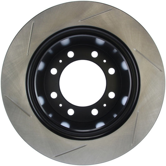 StopTech slotted left front brake rotor for 2008-2010 Dodge Ram 4500 6.7L, showing the vented and slotted braking surface.