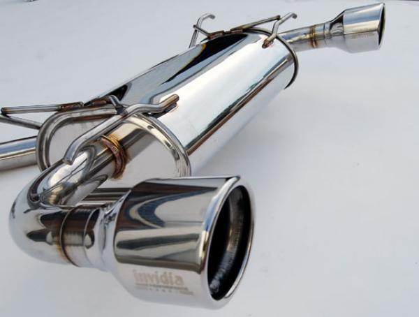 Invidia Subaru BRZ and Scion FRS Q300 cat-back exhaust with rolled stainless steel tips, showcasing the sleek exhaust system.