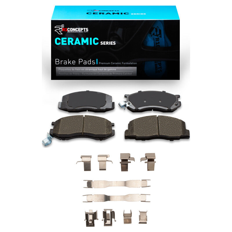 R1 Concepts Toyota Van R1 ceramic brake pads and hardware kit for models from 1984 to 1989, front OE replacement brake parts.