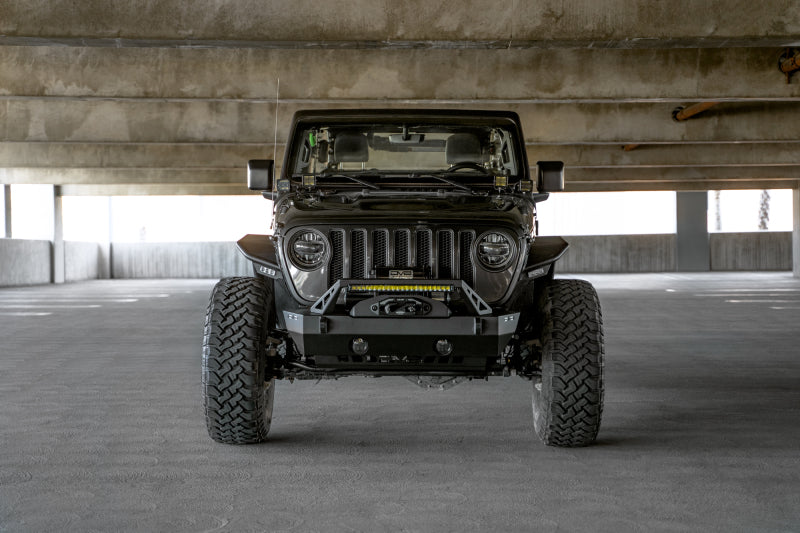 DV8 Offroad steel Jeep Wrangler/Gladiator front bumper with plated bull bar, stubby design, for JK, JL, JT models