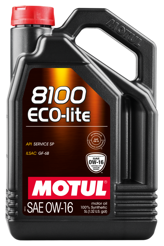 Motor oil bottle labeled Motul 8100 X-Clean 0W16 synthetic engine oil, 5-liter container for vehicle lubrication.