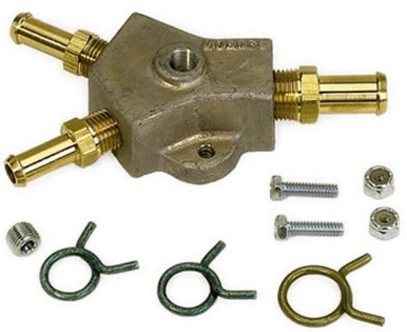 Moroso Universal Fuel Block Kit with 1/2 inch hose inlet and two 1/2 inch outlets for fuel system components.