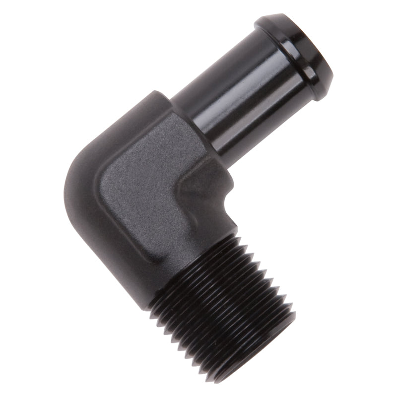 Edelbrock black anodized hose end fitting with 90-degree 1/2-inch NPT to 5/8-inch barb connection, for automotive hoses.