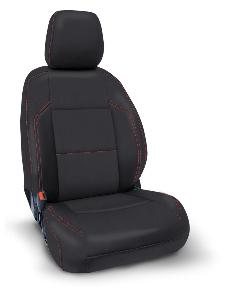 PRP Seats black front seat covers with red stitching for Toyota Tacoma 2016+ with electric seat adjustment, pair included.