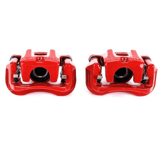 Pair of PowerStop rear red brake calipers with brackets for 2004-2007 Toyota Highlander, performance brake calipers for enhanced stopping power.