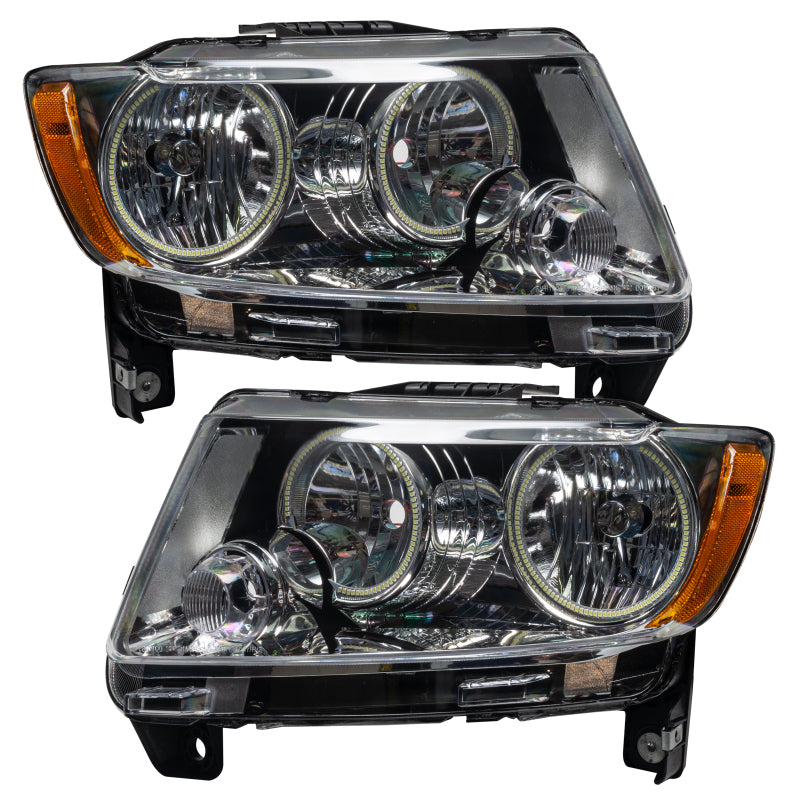 Oracle Jeep Grand Cherokee halo headlights, chrome with blue accents, pre-assembled non-HID headlights for models 11-13.